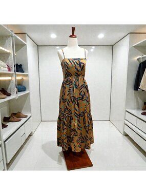 THML Satin Midi Dress Brown Leaf Print Smocked Back Tiered Strappy Size Medium